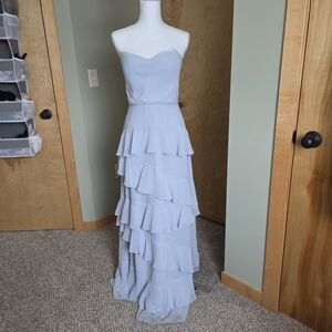 Jenny Yoo Simona Strapless Light Blue Ruffled Maxi Bridesmaid Dress